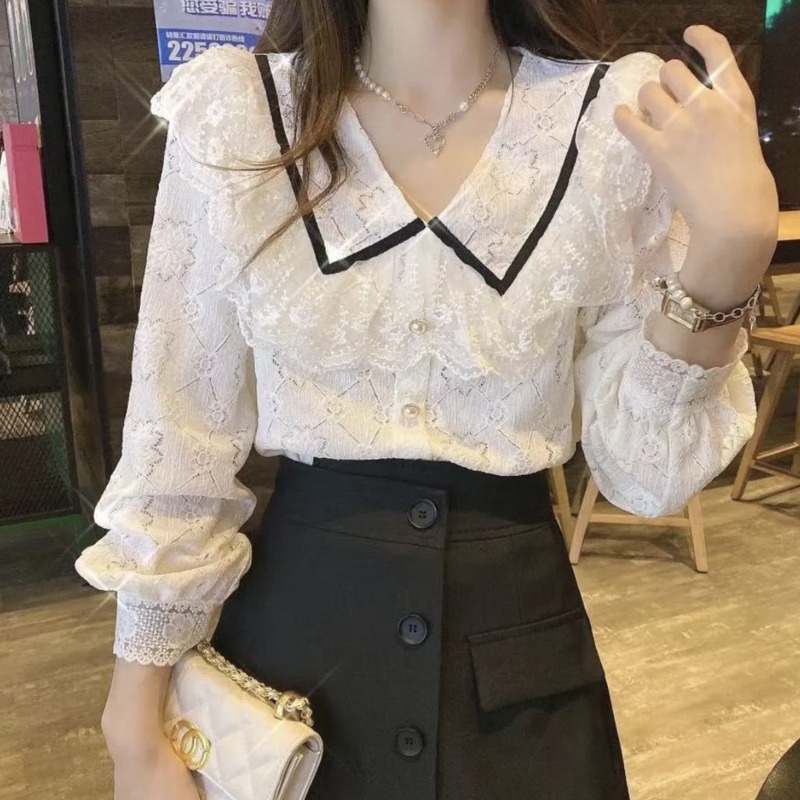Áo Sơ Mi Tay Dài Cổ Búp Bê Phối Ren Phong Cách Phương Tây Cho Nữ