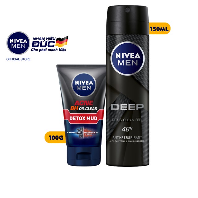 Bộ đôi Nivea Men xịt ngăn mùi than hoạt tính 150ml (80027) & Sữa rửa mặt giảm mụn Detox Mud 100g (83940)