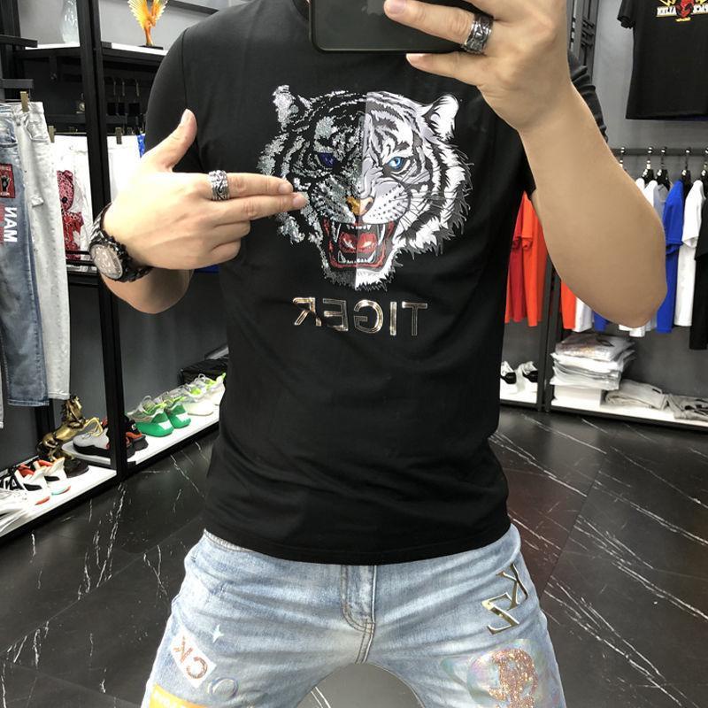 Áo Thun Cotton Ngắn Tay In Hình Đầu Hổ Đính Đá Phong Cách Đường Phố Cho Nam
