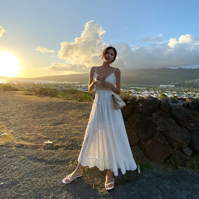 Sẵn - Đầm maxi 2 dây trắng đi biển, chụp hình cưới