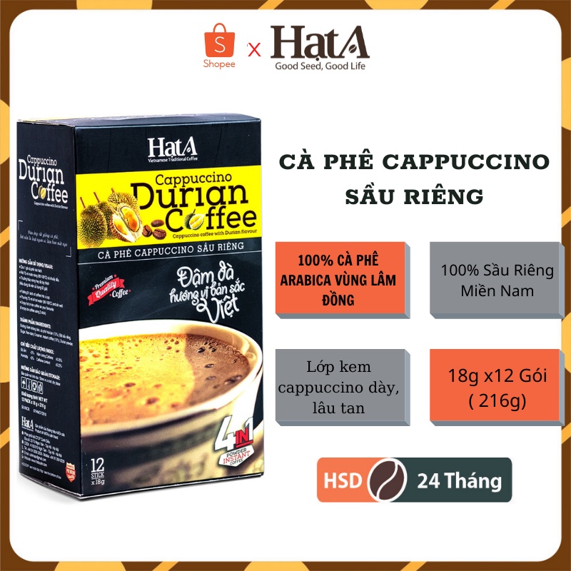 Cà phê hòa tan Cappuccino sầu riêng tự nhiên 4n1 Hạt A Cafe 216gr/12 gói - Freeshipxtra