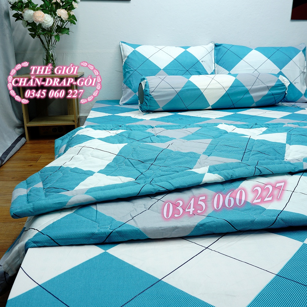 (RẺ VÔ ĐỊCH) bộ drap cotton Thắng Lợi, ga trãi giường 100% chuẩn LOGO ( Ô XANH NGỌC)
