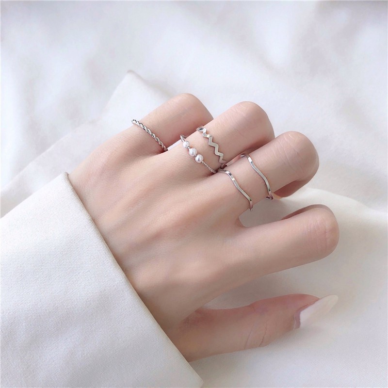 Set 5 nhẫn đính ngọc trai phụ kiện thời trang Hàn Quốc