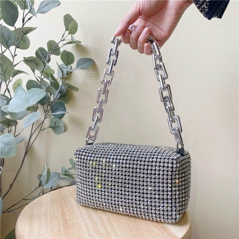 Túi Xách SIZE 18 CM Đính Đá Hottrend 2 Dây Đeo Siêu Đẹp Thích Hợp Đi Tiệc Alexie wang-màu silver Lấp Lánh Đá Sang Chảnh