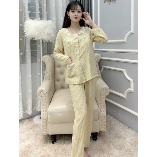 Bộ đồ bầu dài tay và cho con bú M417 chất đũi kẻ cao cấp freesize từ 45 đến 70kg