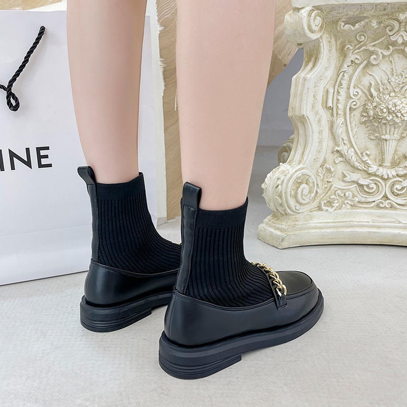 Ielgy Giày Bốt Tất Dệt Kim Phối Dây Xích Cổ Cao Vừa Phong Cách Anh Quốc Đại Học Cho Nữ