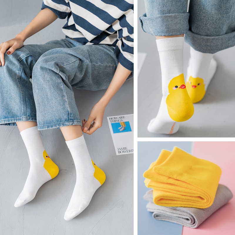 Vớ cotton mềm in hình vịt vàng dễ thương cho nữ