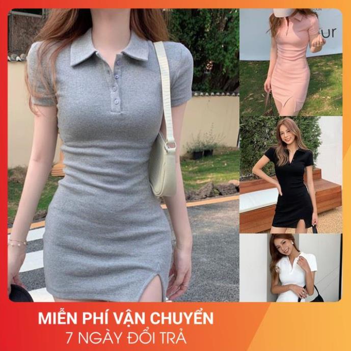 Váy Polo Xẻ Tà 24APRIL Nữ [FREESHIP] 🌸 Đầm thun có cổ dáng suông ôm cộc tay màu pastel đẹp cá tính Ulzzang 🌸