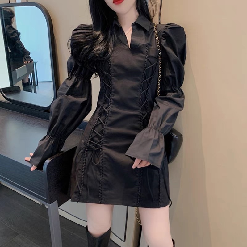 (Ảnh thật) Đầm cổ sơ mi đan dây eo tay loe - D226 | BigBuy360 - bigbuy360.vn