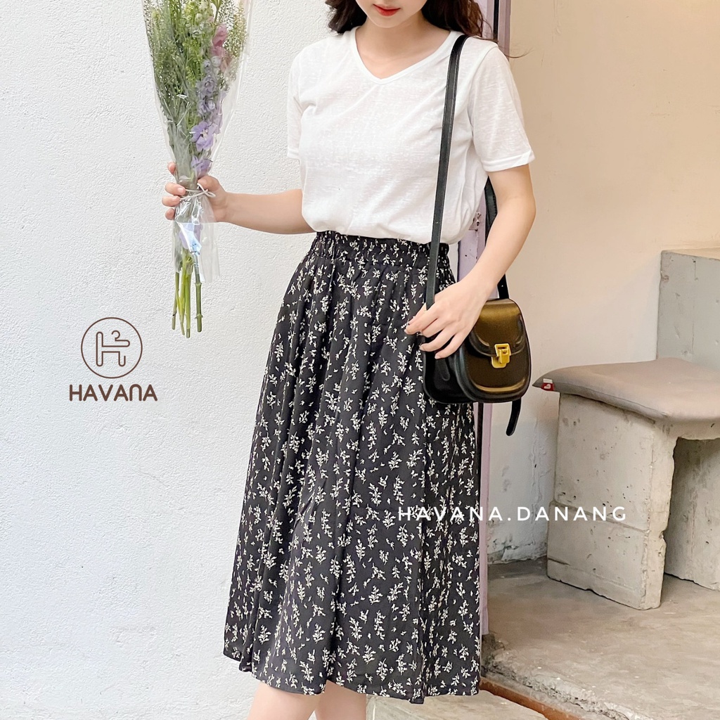 Chân váy voan hoa nhí vintage, váy hoa nhí dáng dài freesize chun co giãn kèm lớp lót AE183