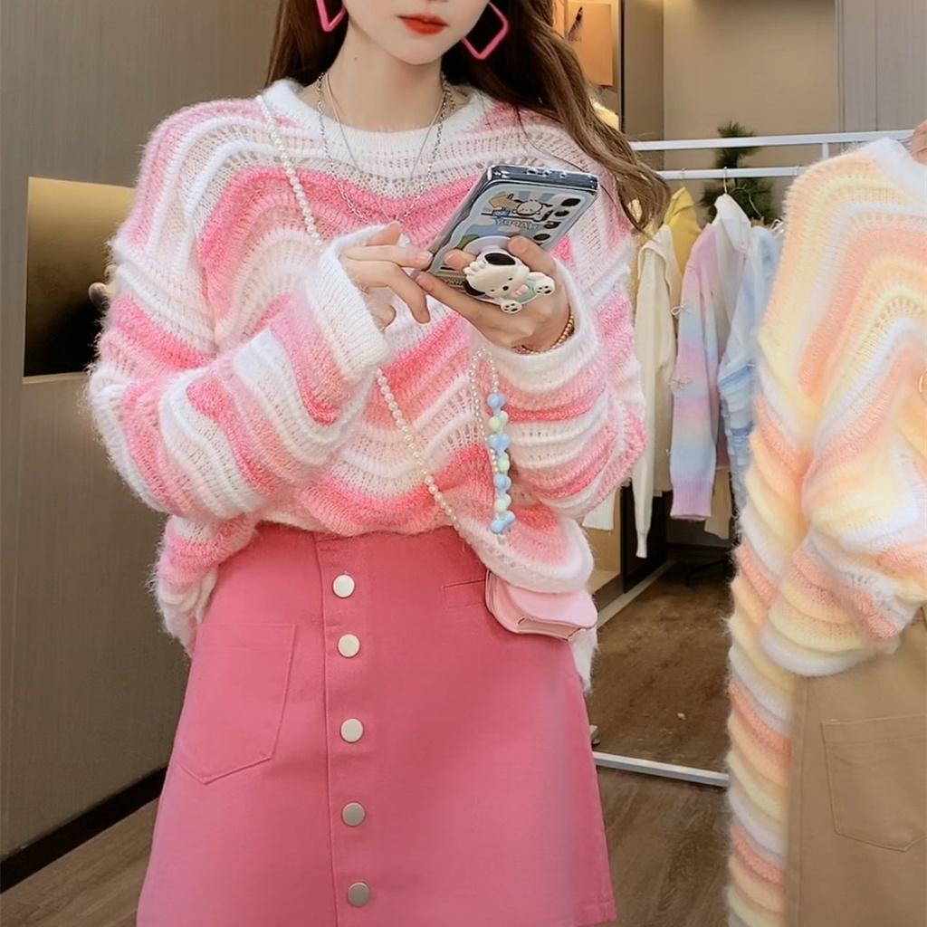 Áo Sweater Dệt Kim Dáng Rộng Viền Gợn Sóng Màu Cầu Vồng Mềm Mại