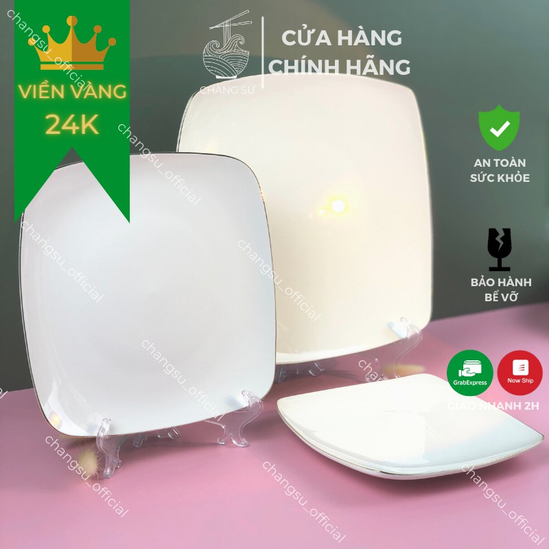 Đĩa vuông viền vàng thật 12k sứ Minh Châu sang trọng 18 21 25cm