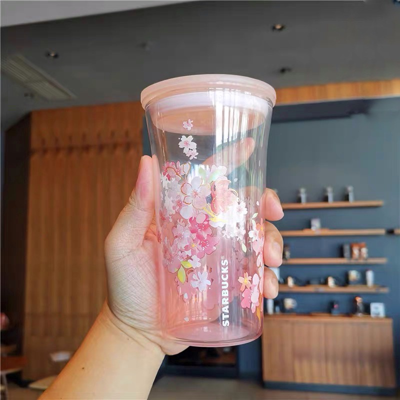 Ly cốc thủy tinh Starbucks  Sakura hồng nắp trượt  Dung tích 473ml