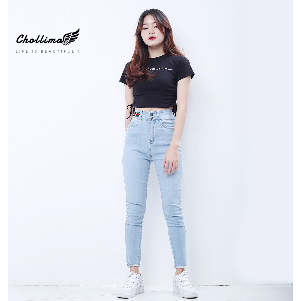 Quần jeans nữ co giãn Chollima cạp siêu cao đắp nịt màu xanh trắng QD025