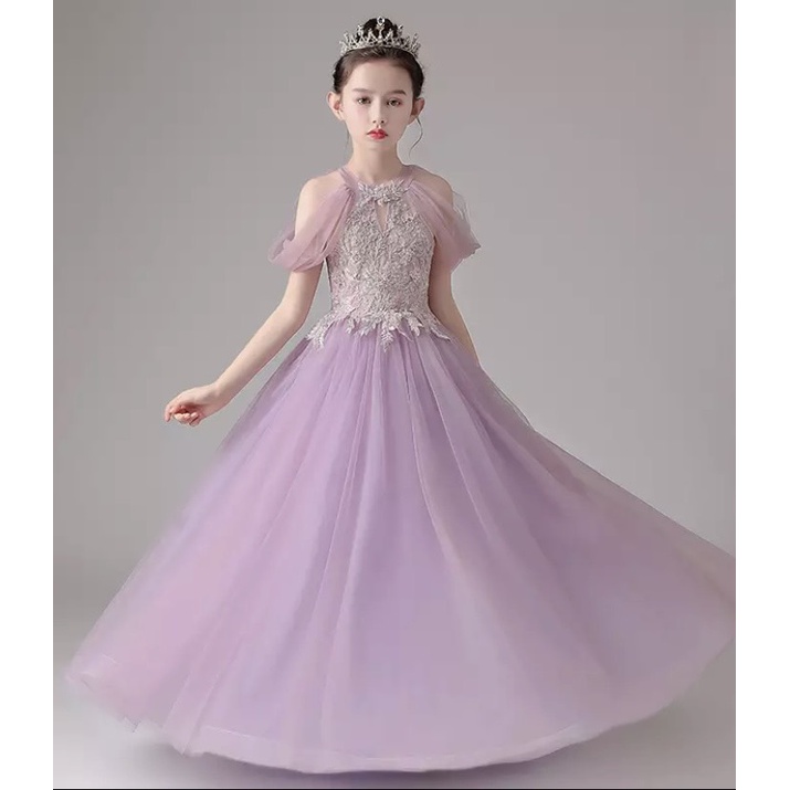 Váy công chúa bé gái thiết kế cao cấp cho bé đi dự tiệc tùng dài siêu xòe sofia màu tím DBG091