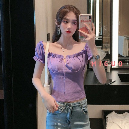 Áo Croptop Kiểu Trễ Vai Phong Cách Vintage Pháp Quyến Rũ