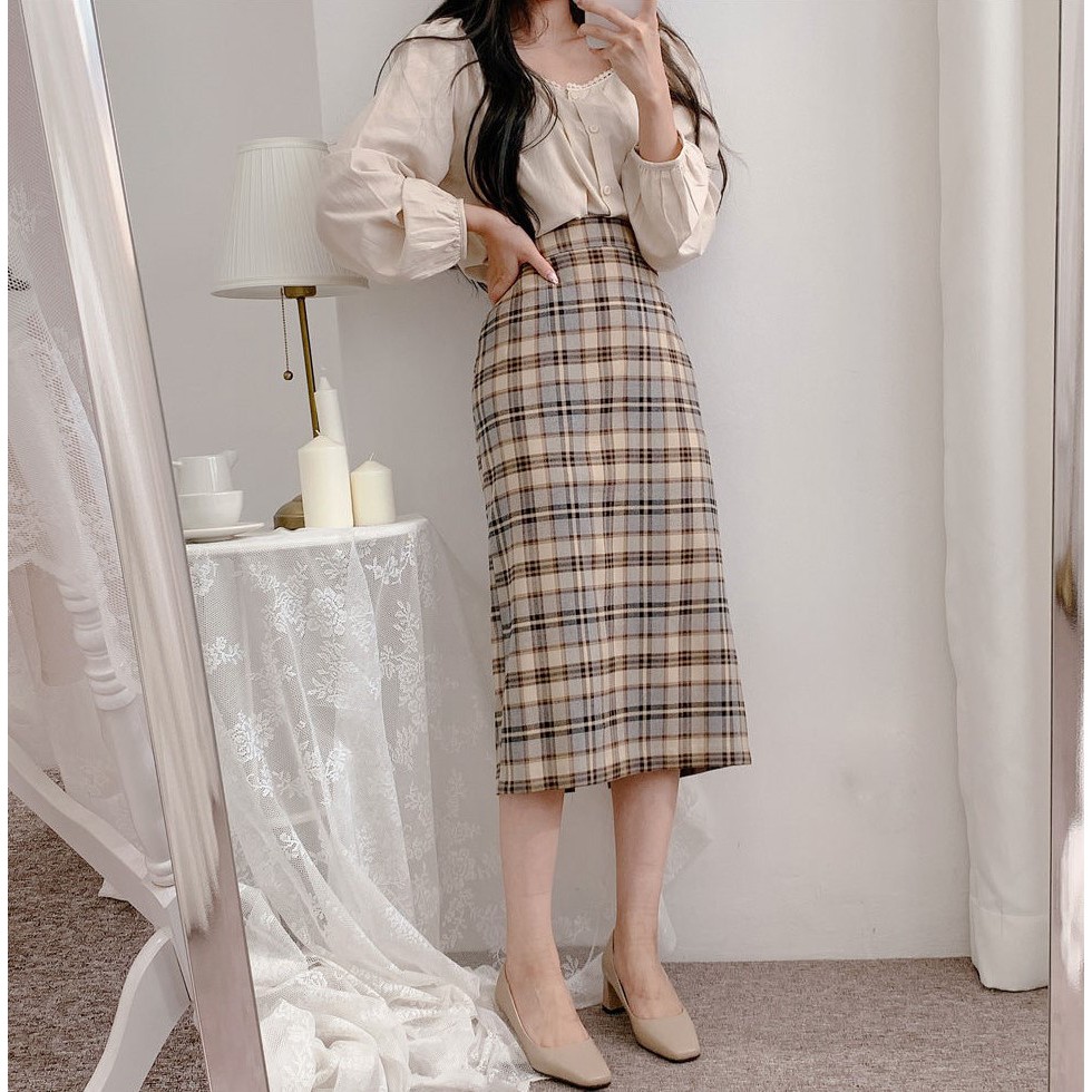 Bộ Áo Phối Ren + Chân Váy Lưng Cao Sọc Ca Rô Xinh Xắn Cho Nữ 38051