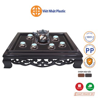 Khay trà nhựa giả gỗ đựng ấm chén Việt Nhật Plastic hình vuông hoa văn sang trọng