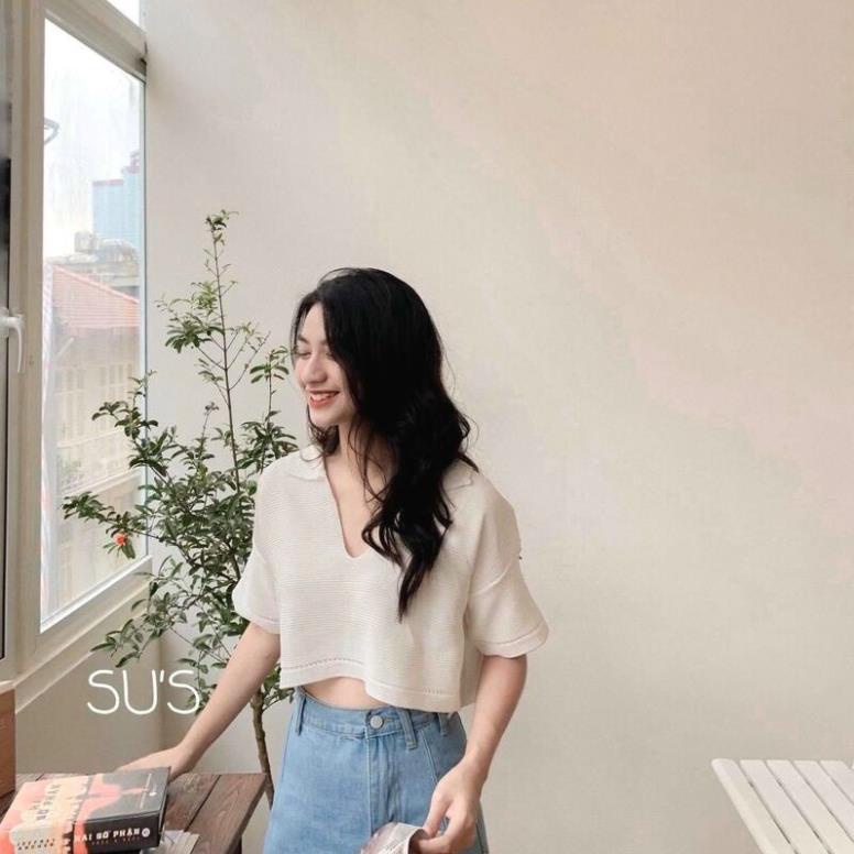 Áo croptop polo nữ ngắn tay cổ V bẻ khoét điệu đà MaiRin Fashion thời trang Hàn Quốc mặc đi chơi 058