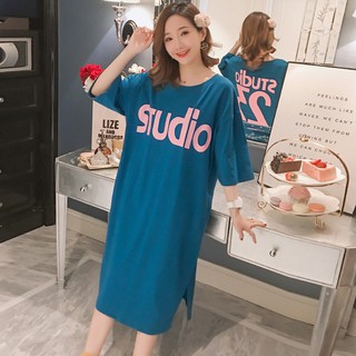 Đầm thun suông chất liệu cotton dáng dài màu xanh có ảnh thật