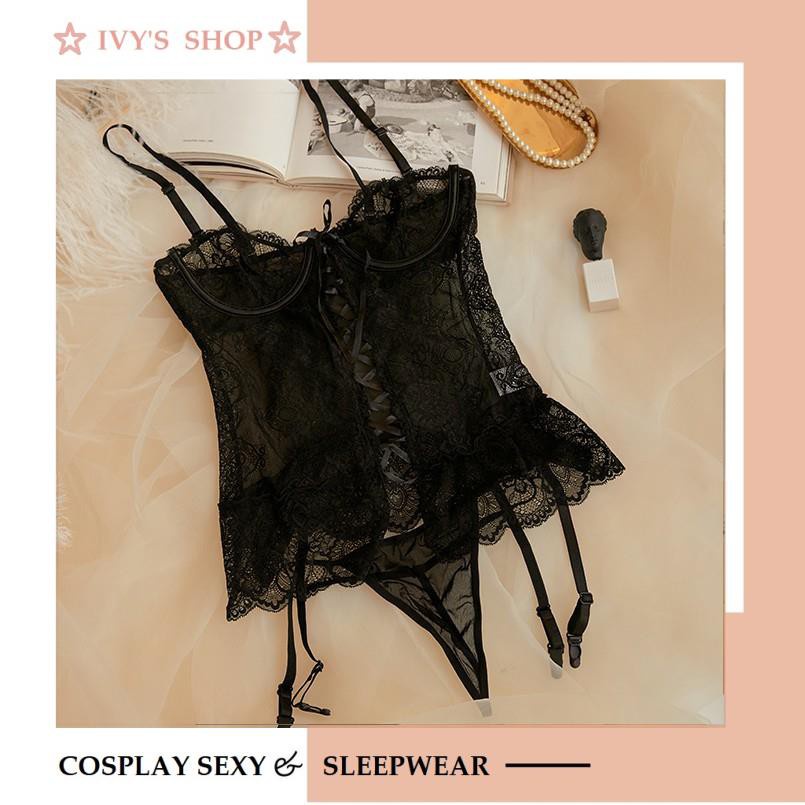 Bộ đồ ngủ bodysuit ren sexy liền kẹp tất - Corset ren có gọng mã GC001 - đen trắng (không tất) | BigBuy360 - bigbuy360.vn