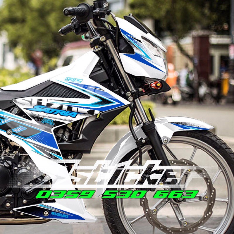 Tem Satria F150 xanh Gp rời dán xe trắng mẫu mới 2020