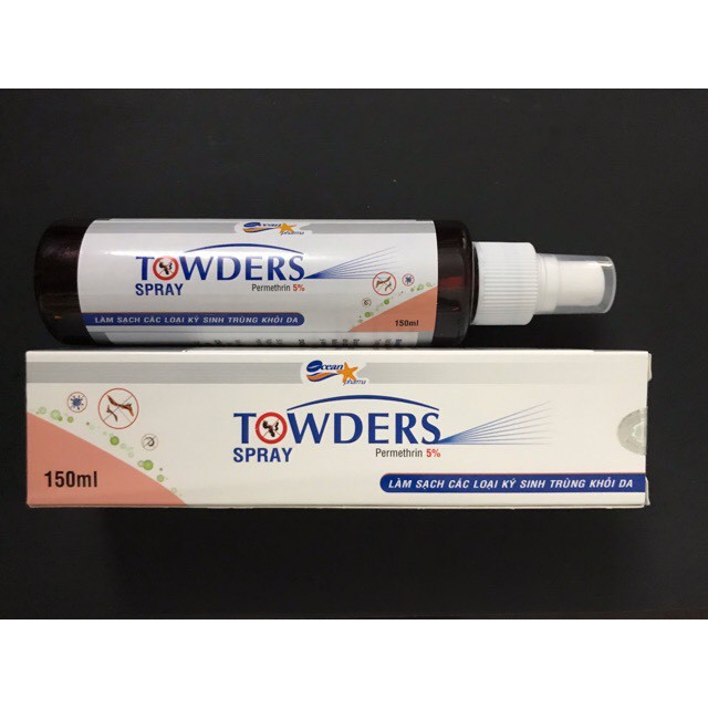 TOWDERS SPRAY 150ML. PERMETHRIN 5%. LÀM SẠCH CÁC LOẠI KÝ SINH TRÙNG KHỎI DA.