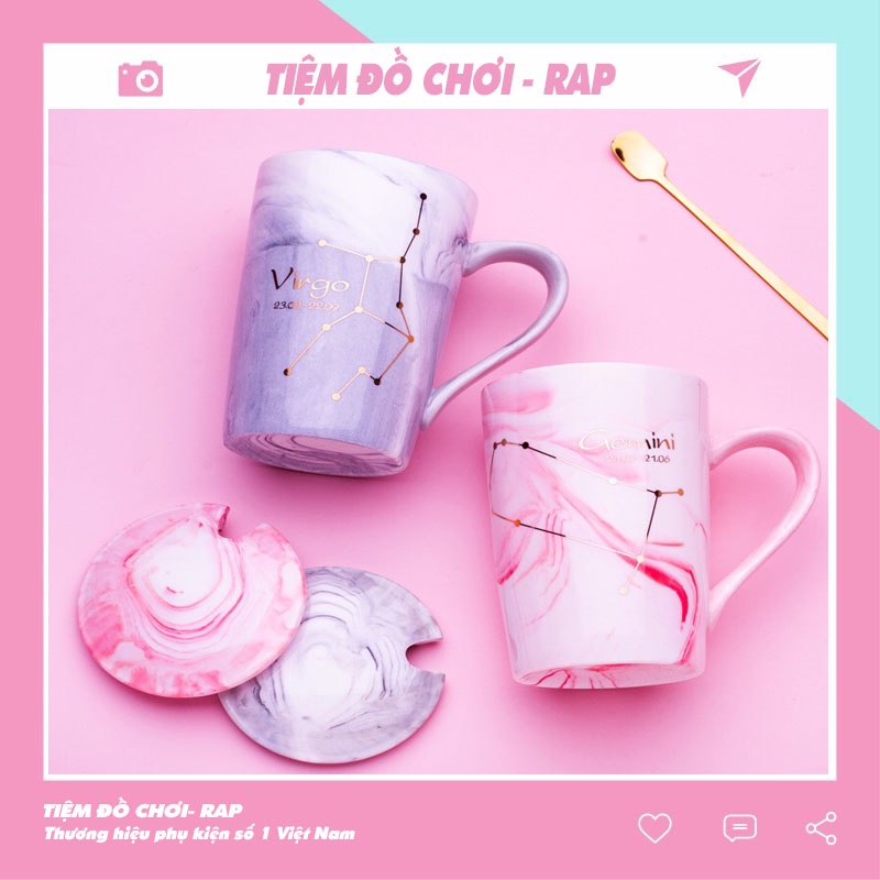 Ly cốc sứ hồng 12 cung hoàng đạo dung tích 450ml có nằp hoa văn vân đá tinh tế nhà Rap tặng kèm thìa cực đẹp - Ráp