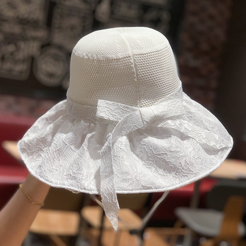 Nón tai bèo rỗng vành rộng che mặt chống nắng viền ren hình nơ thời trang mùa hè Hàn Quốc cho nữ khi đạp xe / đi biển