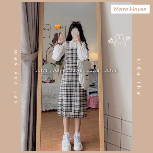 Set áo và váy yếm caro Freeship Bộ váy yếm babydoll kèm áo chun tay thời trang Hàn Quốc Maze House