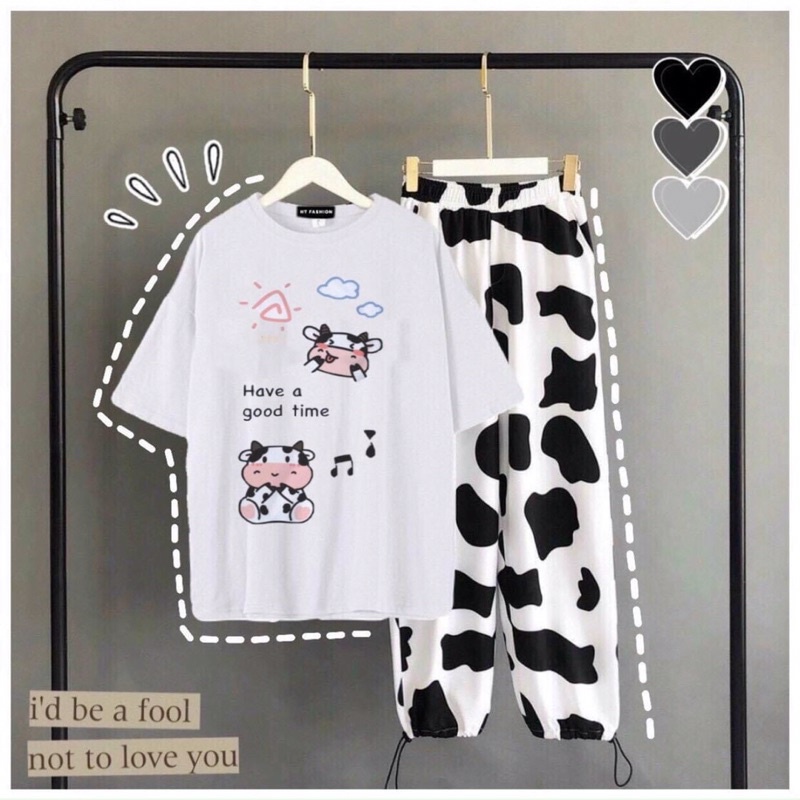 sét rộng tay ngắn nhiều hình dễ thương cùng quần ống rộng hình bò sữa🥰🐄🐄🐄