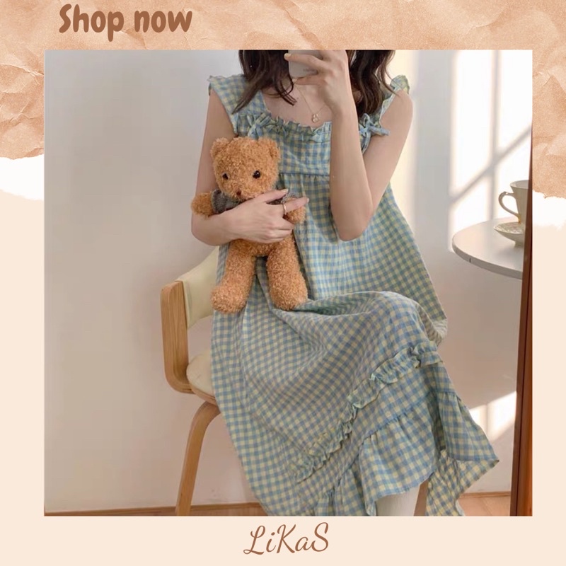 Đầm ngủ nữ hai dây cánh tiên kẻ caro Hàn Quốc dễ thương ( ảnh thật cuối ) CÓ SẴN