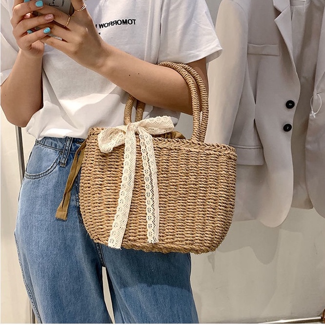 Túi cói cầm tay đi biển đáy bầu - phong cách vintage