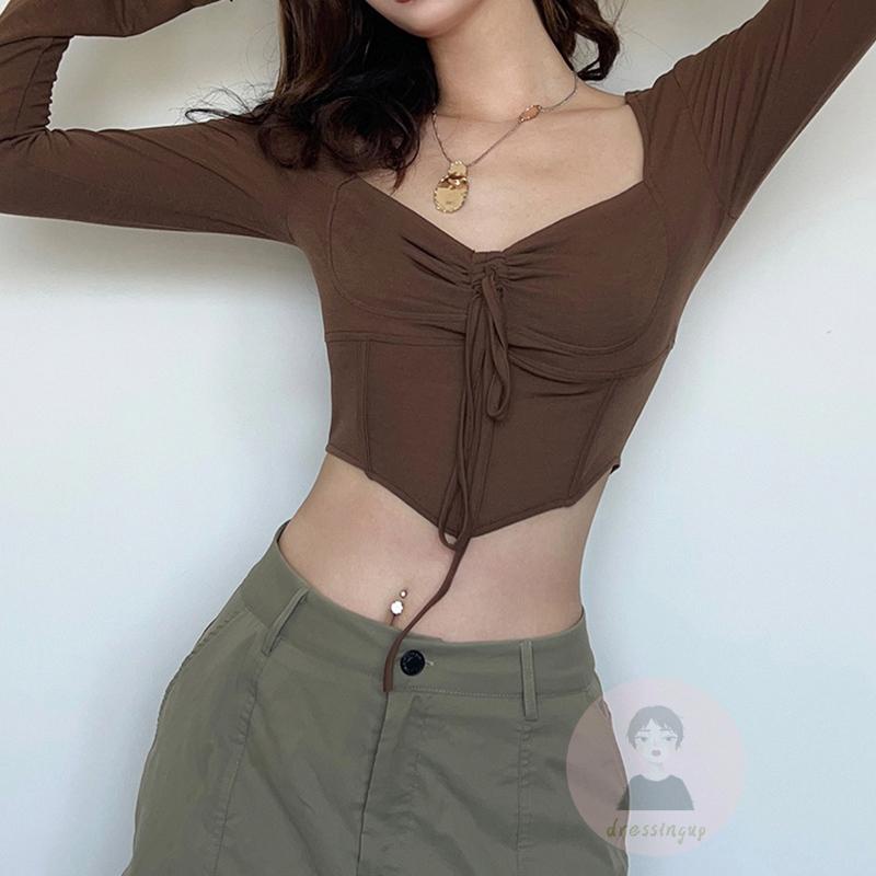 DRESSINGUP-Áo Thun Tay Dài Cổ Chữ V Dây Rút Màu Sắc Thời Trang Cho Nữ