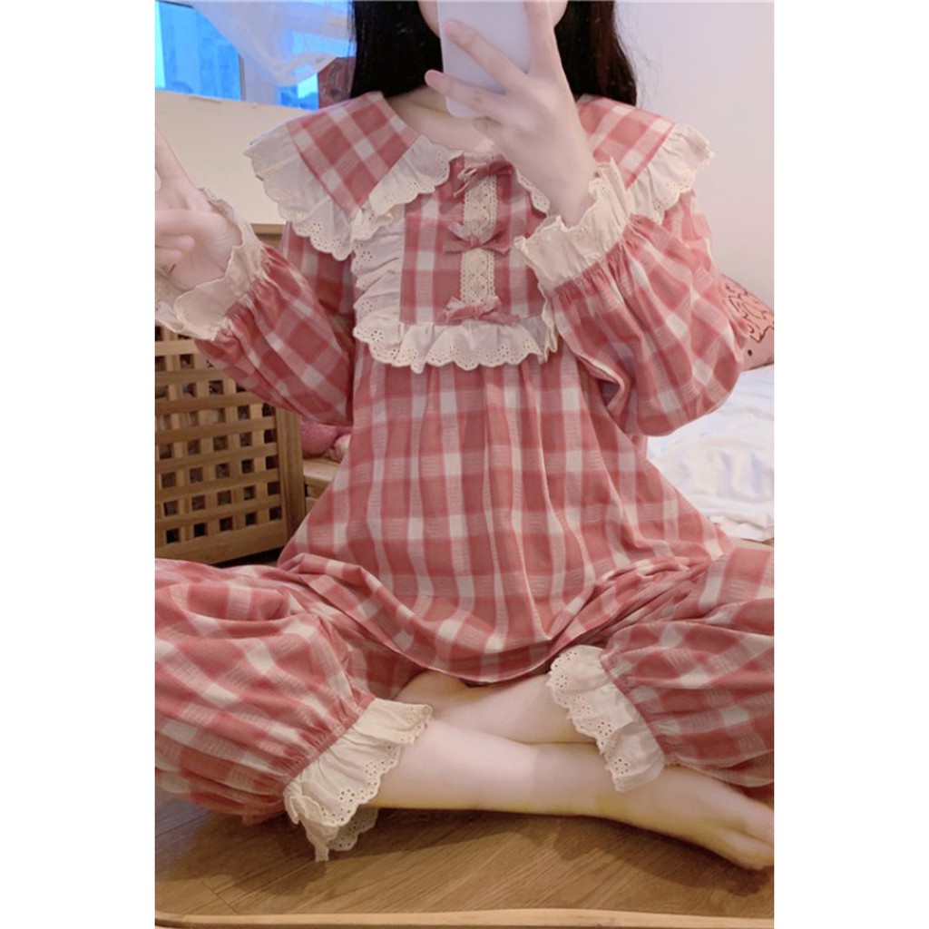Bộ đồ ngủ tiểu thư phối ren kẻ sọc | BigBuy360 - bigbuy360.vn