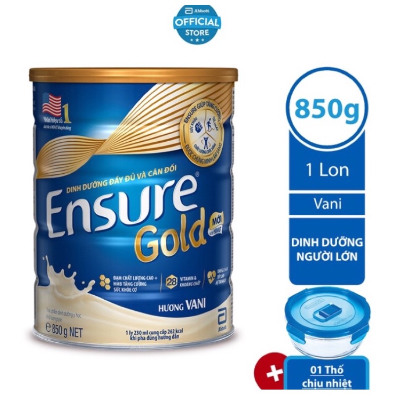 Bộ 1 Ensure Gold Vani 850g tặng 1 Thố chịu nhiệt Luminarc 950ml