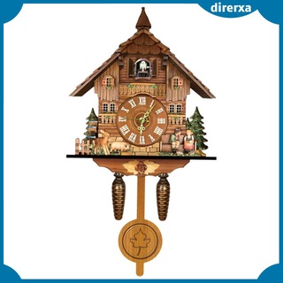 [Direrxa] Đồng hồ Cuckoo bằng gỗ sáng tạo, Đồng hồ treo tường chuyển động Con lắc Đồng hồ thủ công bằng gỗ chạy bằng pin