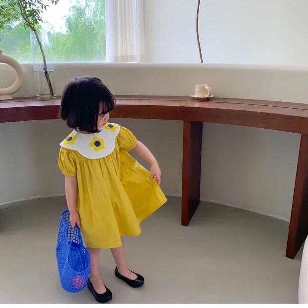 Váy công chúa tay ngắn cổ bẻ in họa tiết hoa thời trang mùa hè phong cách Hàn Quốc cho bé gái 2021