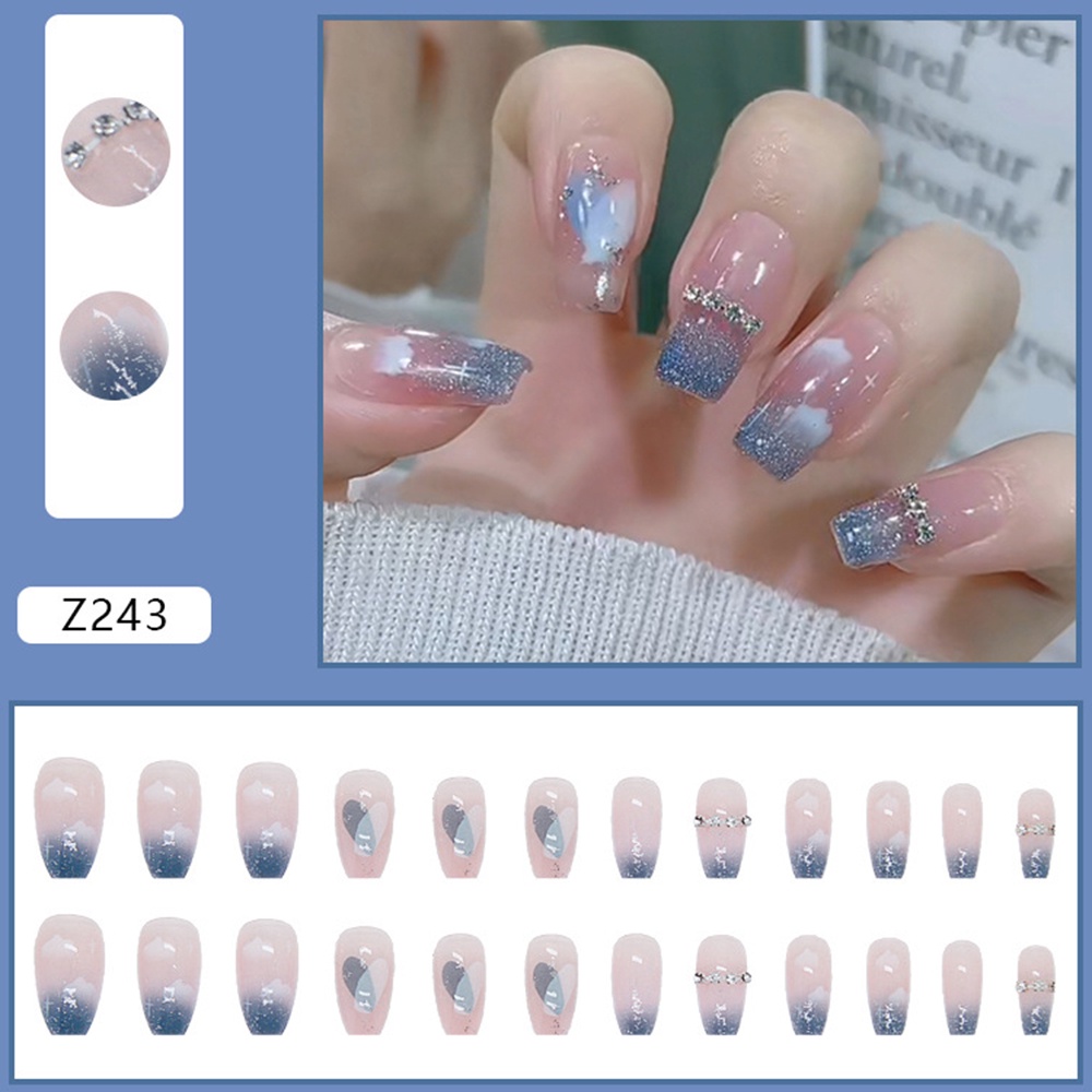 Set 24 Móng Tay Giả dài trong suốt đính nơ đá Gắn Nơ Xinh Xắn Thời Trang Cá Tính Cho Nữ móng giả đính nơ Kèm Keo Dán