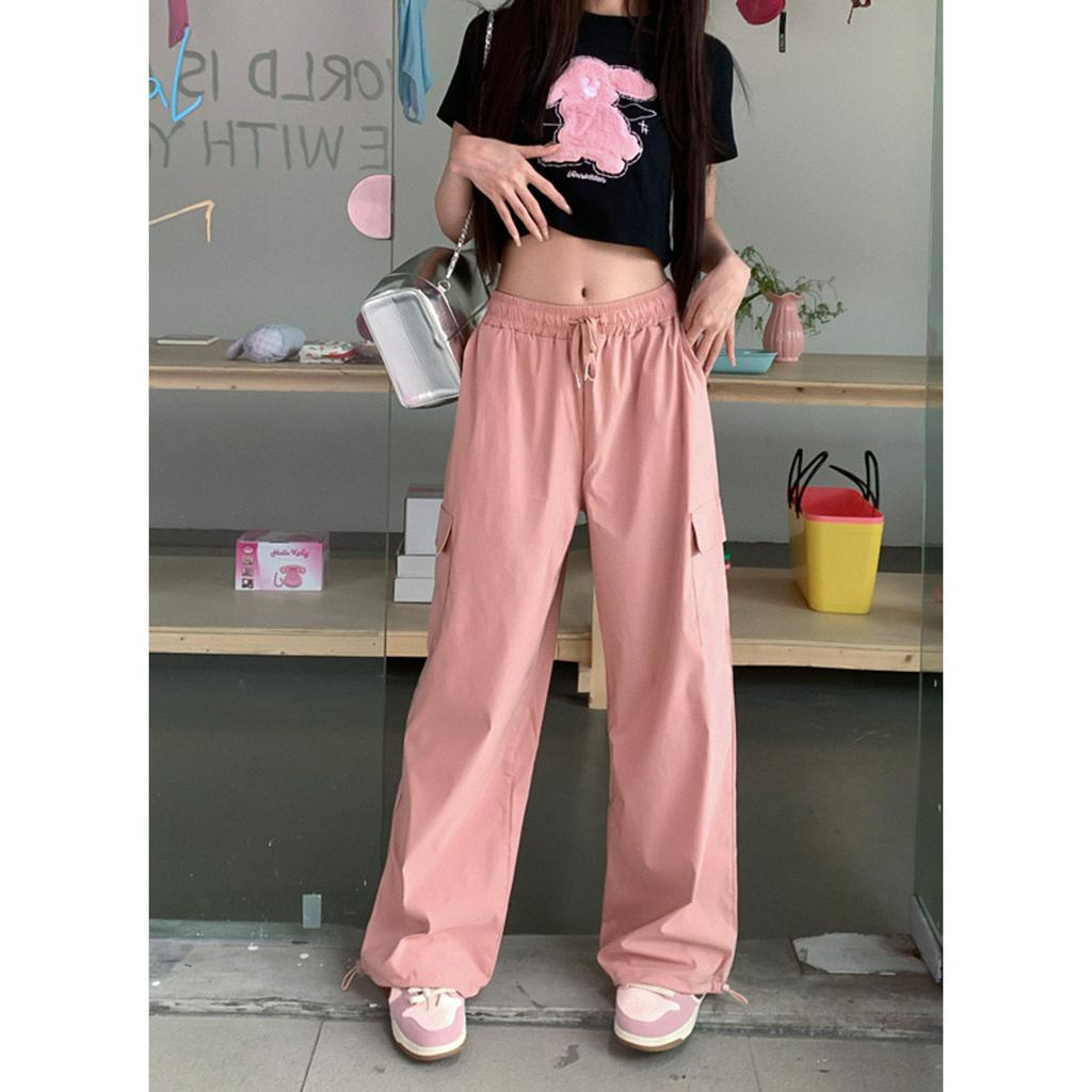 Xiaozhainv Quần Dài Lưng Cao Ống Rộng Phối Dây Rút Phong Cách retro Mỹ Cho Nữ