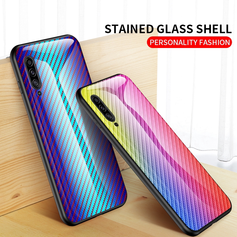 For Samsung A90 5G A10s M10s A50s A30s A50 A20s Carbon Fiber Glossy Texture Tempered Glass Phone Case