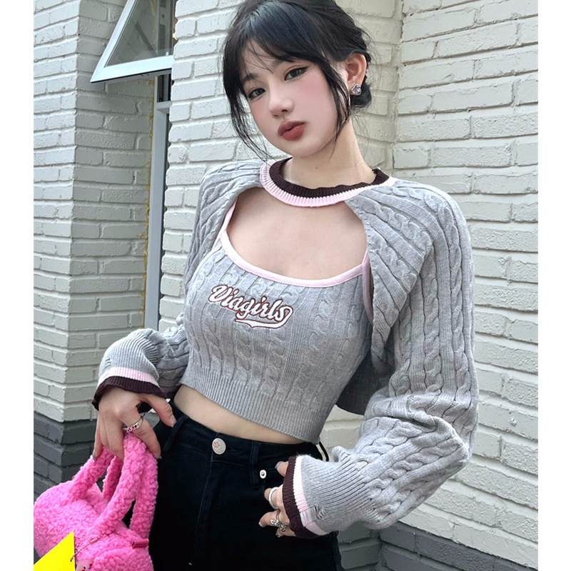 Bộ Áo Dệt Kim Sát Nách Dáng Rộng Thêu Họa Tiết + Áo Tay Dài Thời