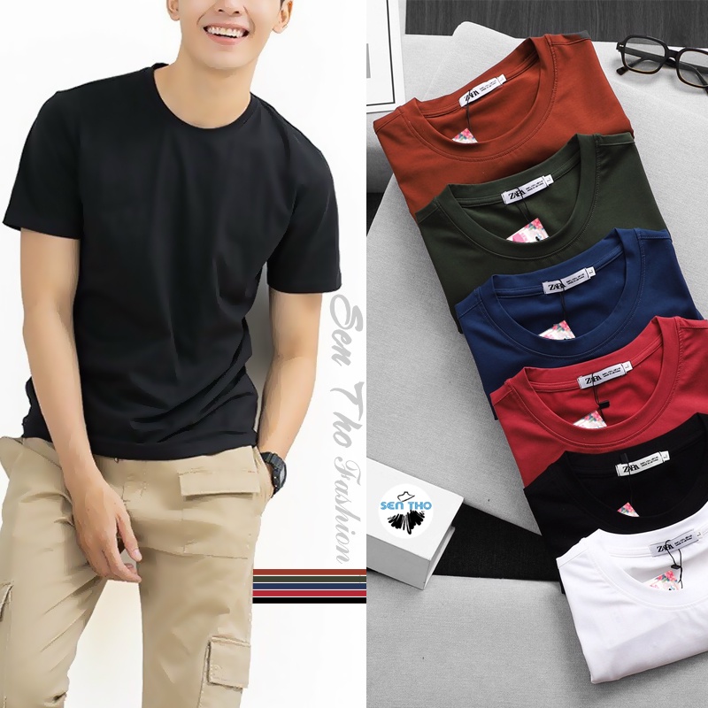 Áo Phông Nam Thun Trơn SenTho Cổ Tròn Chất Cotton compact Dày Dặn Cao Cấp Màu Đen, Trắng, Nâu, Đỏ, Xanh Basic, Tay Ngắn