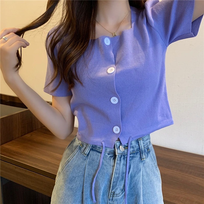 Áo Dệt Kim Tay Ngắn Cổ Vuông Phối Dây Rút Thời Trang Trẻ Trung