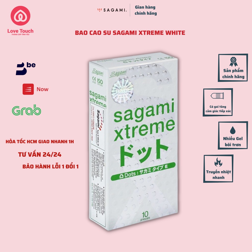 Hộp 10 cái bao cao su gân gai sagami XTREME WHITE kéo dài thời gian - LOVE TOUCH - cam kết che tên