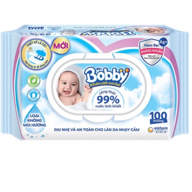 Khăn ướt bobby 100 tờ không mùi( nano bạc kháng khuẩn mới)