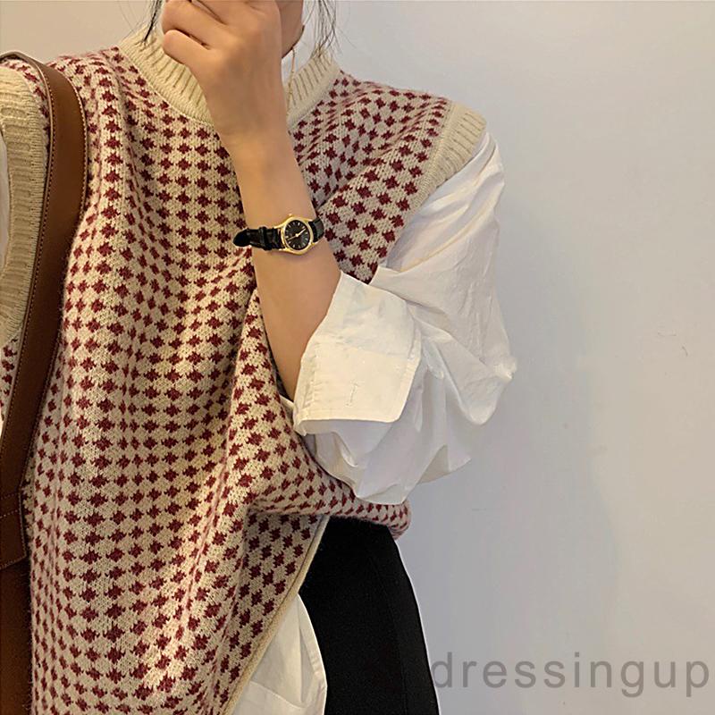 Áo Dệt Kim Không Tay Cổ Tròn Màu Sắc Tương Phản Phong Cách Retro Thời Trang Mùa Thu Cho Nữ