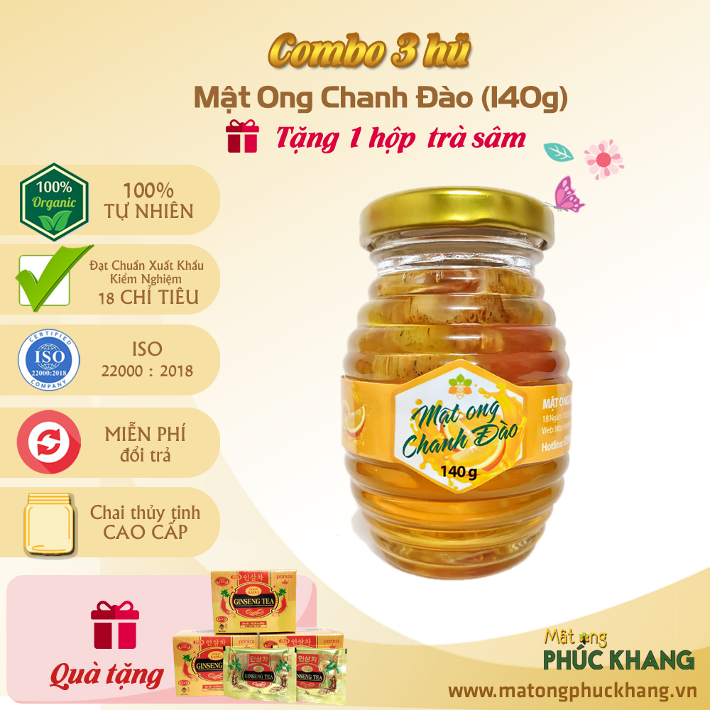 Chanh Đào Ngâm Mật ong Phúc Khang 140G - Combo 3 Hũ thủy tinh cao cấp - - ISO 22000 - Không kháng sinh