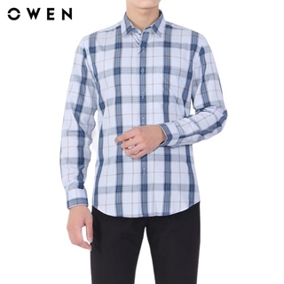 Áo sơ mi dài tay nam Owen Bạc hà Regular Fit Trắng kẻ xanh nâu - AR23633DT