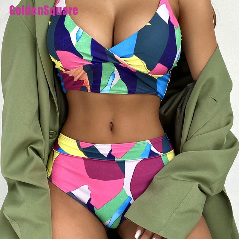 [Golden] Multicolor sexy bikini high waist swimwear retro women's printed bathing suit